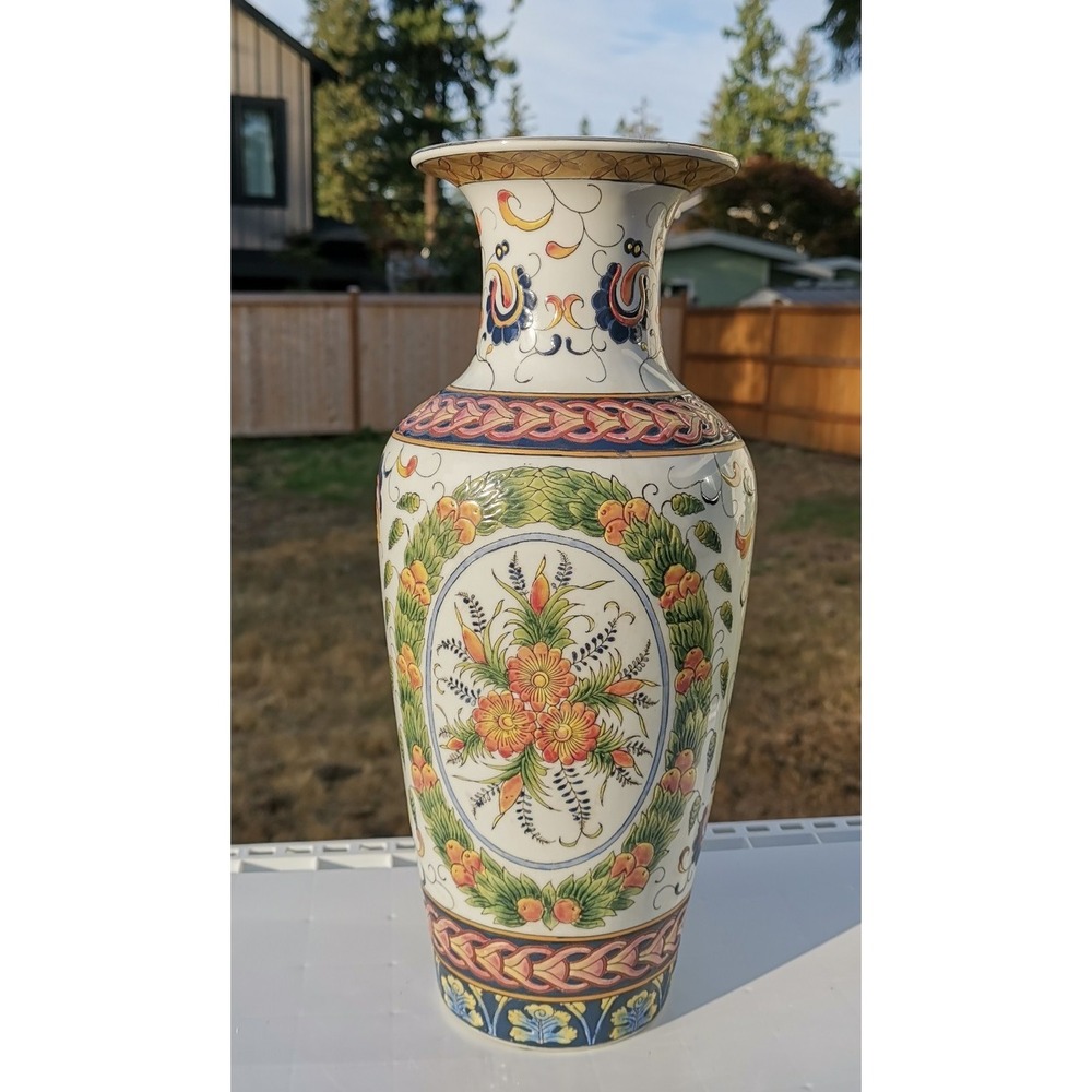 Oriental Accent 13.5" Collectible Contemporary White & Floral Decor Ceramic Vase